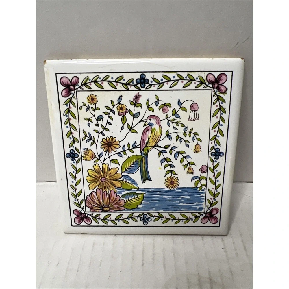 Portuguese Tile -Bird with Flowers 4 inch square